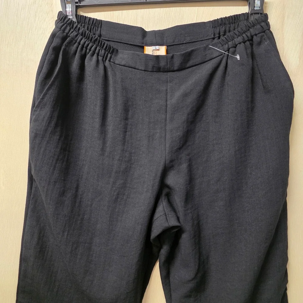 Fridaze Black 100% Linen Straight‎ Leg Elastic Waist Crop Pants Large Hong Kong